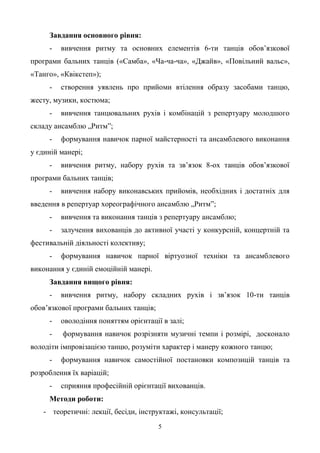 5
Завдання основного рівня:
- вивчення ритму та основних елементів 6-ти танців обов’язкової
програми бальних танців («Самба», «Ча-ча-ча», «Джайв», «Повільний вальс»,
«Танго», «Квікстеп»);
- створення уявлень про прийоми втілення образу засобами танцю,
жесту, музики, костюма;
- вивчення танцювальних рухів і комбінацій з репертуару молодшого
складу ансамблю „Ритм”;
- формування навичок парної майстерності та ансамблевого виконання
у єдиній манері;
- вивчення ритму, набору рухів та зв’язок 8-ох танців обов’язкової
програми бальних танців;
- вивчення набору виконавських прийомів, необхідних і достатніх для
введення в репертуар хореографічного ансамблю „Ритм”;
- вивчення та виконання танців з репертуару ансамблю;
- залучення вихованців до активної участі у конкурсній, концертній та
фестивальній діяльності колективу;
- формування навичок парної віртуозної техніки та ансамблевого
виконання у єдиній емоційній манері.
Завдання вищого рівня:
- вивчення ритму, набору складних рухів і зв’язок 10-ти танців
обов’язкової програми бальних танців;
- оволодіння поняттям орієнтації в залі;
- формування навичок розрізняти музичні темпи і розмірі, досконало
володіти імпровізацією танцю, розуміти характер і манеру кожного танцю;
- формування навичок самостійної постановки композицій танців та
розроблення їх варіацій;
- сприяння професійній орієнтації вихованців.
Методи роботи:
- теоретичні: лекції, бесіди, інструктажі, консультації;
 