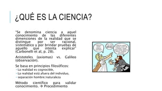 ¿QUÉ ES LA CIENCIA?
“Se denomina ciencia a aquel
conocimiento de las diferentes
dimensiones de la realidad que se
distingue por ser racional,
sistemático y por brindar pruebas de
aquello que intenta explicar”
(Carbonelli et al, p. 28).
Aristoteles (axiomas) vs. Galileo
(observación).
Se basa en principios filosóficos:
 La realidad es cognocible,
 La realidad está afuera del individuo,
 separación hombre/naturaleza
Método científico para validar
conocimiento.  Procedimiento
 