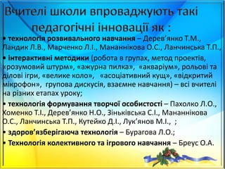 • технологія розвивального навчання – Дерев’янко Т.М.,
Ландик Л.В., Марченко Л.І., Мананнікова О.С., Ланчинська Т.П.,
• інтерактивні методики (робота в групах, метод проектів,
«розумовий штурм», «ажурна пилка», «акваріум», рольові та
ділові ігри, «велике коло», «асоціативний кущ», «відкритий
мікрофон», групова дискусія, взаємне навчання) – всі вчителі
на різних етапах уроку;
• технологія формування творчої особистості – Пахолко Л.О.,
Хоменко Т.І., Дерев’янко Н.О., Зіньківська С.І., Мананнікова
О.С., Ланчинська Т.П., Кутейко Д.І., Лук’янов М.І., ;
• здоров’язберігаюча технологія – Бурагова Л.О.;
• Технологія колективного та ігрового навчання – Бреус О.А.
 