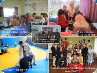 42
Гурток «Літературне
краєзнавство» - керівник
Хоменко Т.І.
Гурток «М’яка іграшка» -
керівник Прилепа Н.В.
«Дзюдо» - керівник Рябчинський Г.В
Театральний гурток «Маска» - керівник
Акіменко Т. І.
«Загальної фізичної
підготовки» - керівник
Бреус О.А.
 