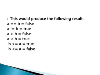  This would produce the following result:
a == b = false
a != b = true
a > b = false
a < b = true
b >= a = true
b <= a = false
 