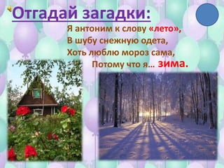 Отгадай загадки:
Я антоним к слову «лето»,
В шубу снежную одета,
Хоть люблю мороз сама,
Потому что я… зима.
 