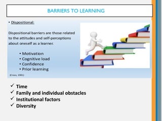 BARRIERS TO LEARNING
 Time
 Family and individual obstacles
 Institutional factors
 Diversity
 