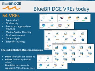 "Supporting Blue Growth with innovative applications based on EU e-infrastructures”, 14-15 February 2018, Brussels
BlueBRIDGE VREs today
54 VREs
• Aquaculture
• Biodiversity
• Ecosystem approach to
fisheries
• Marine Spatial Planning
• Stock Assessment
• Data analysis
• Scientific Training
15/02/2018 11
• Public (everyone can access it)
• Private (invited by the VRE
admin)
• Restricted (access can be
requested, VRE admin decides)
https://bluebridge.d4science.org/explore
 