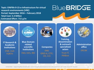 Companies
ENG
GRID-A, CITE,
I2S, CLS
IT Research &
Academic
Institutions
CNR, UoA
FORTH
Blue Domain
related
scientific
institutions
FAO, ICES, IRD
Training,
dissemination
& outreach
specialised
actors
Trust-IT,
PMBret
Administration
office
ERCIM
Topic: EINFRA-9-15-e-Infrastructure for virtual
research environments (VRE)
Period: September 2016 – February 2018
Total Cost: 5.3 Millon
Extimated Effort: 715 p/m
15/02/2018 Supporting Blue Growth with innovative applications based on EU e-infrastructures, 14-15 February 2018, Brussels 2
 