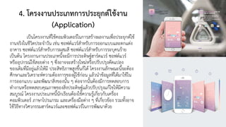 4. โครงงานประเภทการประยุกต์ใช้งาน
(Application)
เป็นโครงงานที่ใช้คอมพิวเตอร์ในการสร้างผลงานเพื่อประยุกต์ใช้
งานจริงในชีวิตประจาวัน เช่น ซอฟต์แวร์สาหรับการออกแบบและตกแต่ง
อาคาร ซอฟต์แวร์สาหรับการผสมสี ซอฟต์แวร์สาหรับการระบุคนร้าย
เป็นต้น โครงงานงานประเภทนี้จะมีการประดิษฐ์ฮาร์ดแวร์ ซอฟต์แวร์
หรืออุปกรณ์ใช้สอยต่าง ๆ ซึ่งอาจจะสร้างใหม่หรือปรับปรุงดัดแปลง
ของเดิมที่มีอยู่แล้วให้มี ประสิทธิภาพสูงขึ้นก็ได้ โครงงานลักษณะนี้จะต้อง
ศึกษาและวิเคราะห์ความต้องการของผู้ใช้ก่อน แล้วนาข้อมูลที่ได้มาใช้ใน
การออกแบบ และพัฒนาสิ่งของนั้น ๆ ต่อจากนั้นต้องมีการทดสอบการ
ทางานหรือทดสอบคุณภาพของสิ่งประดิษฐ์แล้วปรับปรุงแก้ไขให้มีความ
สมบูรณ์ โครงงานประเภทนี้นักเรียนต้องใช้ความรู้เกี่ยวกับเครื่อง
คอมพิวเตอร์ ภาษาโปรแกรม และเครื่องมือต่าง ๆ ที่เกี่ยวข้อง รวมทั้งอาจ
ใช้วิธีทางวิศวกรรมฮาร์ดแวร์และซอฟต์แวร์ในการพัฒนาด้วย
 