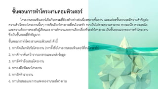 ขั้นตอนการทาโครงงานคอมพิวเตอร์
โครงงานคอมพิวเตอร์เป็นกิจกรรมที่ต้องทาอย่างต่อเนื่องหลายขั้นตอน และแต่ละขั้นตอนจะมีความสาคัญต่อ
ความสาเร็จของโครงงานนั้นๆ การคัดเลือกโครงงานที่สนใจจะทา ควรเป็นไปตามความสามารถ ความถนัด ความสนใจ
และความต้องการของตัวผู้เรียนเอง การสารวจและการเลือกเรื่องที่จะทาโครงงาน เป็นขั้นตอนแรกของการทาโครงงาน
ซึ่งเป็นขั้นตอนที่สาคัญมาก
ขั้นตอนการทาโครงงานคอมพิวเตอร์ ดังนี้
1. การคัดเลือกหัวข้อโครงงาน (การตั้งชื่อโครงงานคอมพิวเตอร์ที่สนใจจะทา)
2. การศึกษาค้นคว้าจากเอกสารและแหล่งข้อมูล
3. การจัดทาข้อเสนอโครงงาน
4. การลงมือพัฒนาโครงงาน
5. การจัดทารายงาน
6. การนาเสนอและการแสดงผลงานของโครงงาน
 
