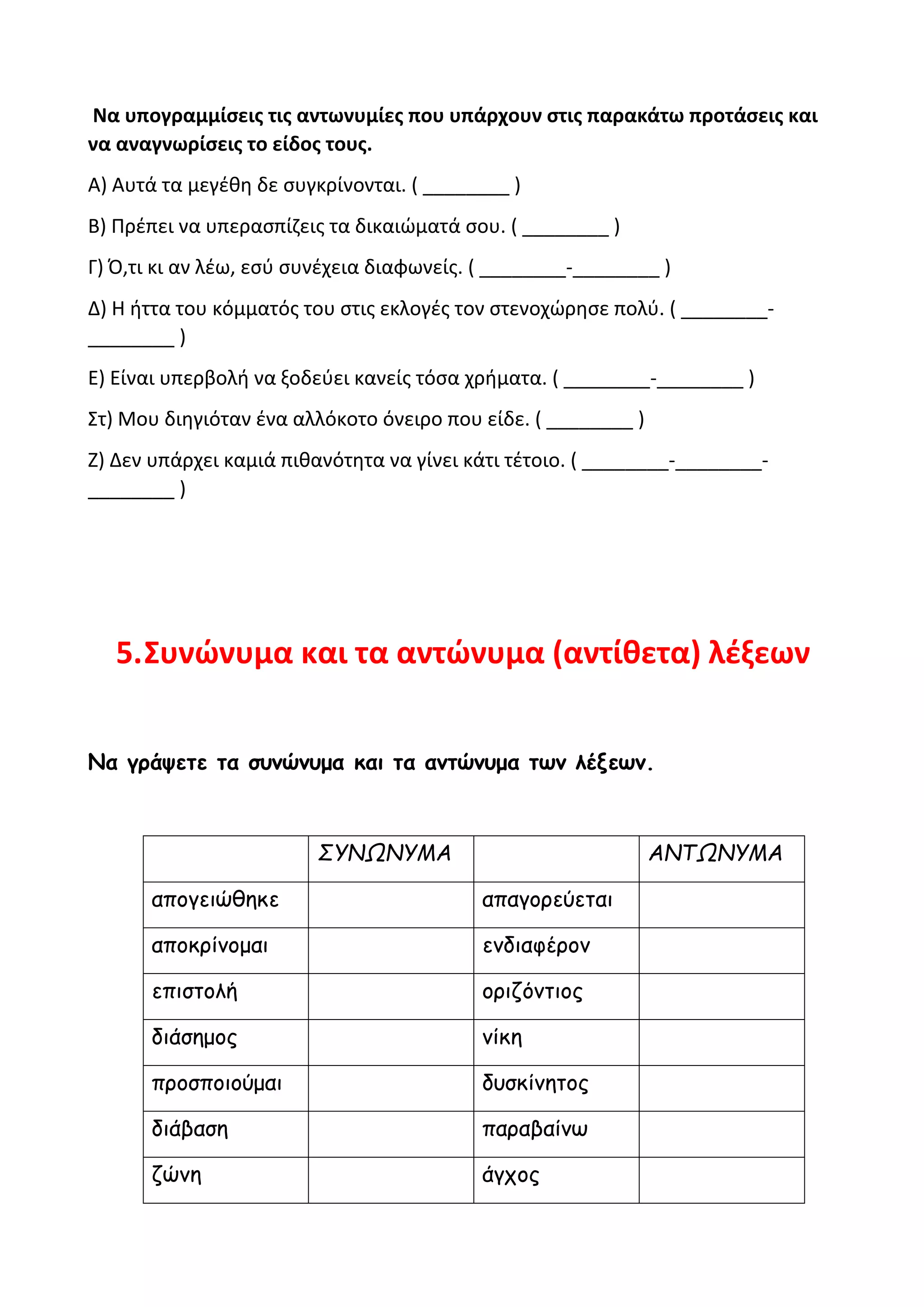 Να υπογραμμίσεις τις αντωνυμίες που υπάρχουν στις παρακάτω προτάσεις και
να αναγνωρίσεις το είδος τους.
Α) Αυτά τα μεγέθη δε συγκρίνονται. ( ________ )
Β) Πρέπει να υπερασπίζεις τα δικαιώματά σου. ( ________ )
Γ) Ό,τι κι αν λέω, εσύ συνέχεια διαφωνείς. ( ________-________ )
Δ) Η ήττα του κόμματός του στις εκλογές τον στενοχώρησε πολύ. ( ________-
________ )
Ε) Είναι υπερβολή να ξοδεύει κανείς τόσα χρήματα. ( ________-________ )
Στ) Μου διηγιόταν ένα αλλόκοτο όνειρο που είδε. ( ________ )
Ζ) Δεν υπάρχει καμιά πιθανότητα να γίνει κάτι τέτοιο. ( ________-________-
________ )
5.Συνώνυμα και τα αντώνυμα (αντίθετα) λέξεων
Να γράψετε τα συνώνυμα και τα αντώνυμα των λέξεων.
ΣΥΝΩΝΥΜΑ ΑΝΤΩΝΥΜΑ
απογειώθηκε απαγορεύεται
αποκρίνομαι ενδιαφέρον
επιστολή οριζόντιος
διάσημος νίκη
προσποιούμαι δυσκίνητος
διάβαση παραβαίνω
ζώνη άγχος
 