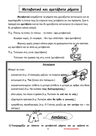 33 ΕΥΤΥΧΙΑ ΚΑΛΟΓΕΡΑ
Ασκήσεις:
Μεταβατικά ονομάζονται τα ρήματα που χρειάζονται αντικείμενο για να
συμπληρωθεί η έννοια τους (η ενέργειά τους μεταβαίνει σε ένα πρόσωπο, ζώο ή
πράγμα) και αμετάβατα εκείνα που δε χρειάζονται αντικείμενο (η ενέργειά τους
δε μεταβαίνει κάπου αλλού).
Π.χ. Πλένω τα πιάτα. (τι πλένω; - τα πιάτα – άρα μεταβατικό)
Κοιμάμαι νωρίς. (τι κοιμάμαι; - δεν έχει απάντηση – άρα αμετάβατο)
Μερικές φορές μπορεί κάποιο ρήμα να χρησιμοποιείται σε μία πρόταση
ως αμετάβατο και σε άλλη ως μεταβατικό.
Π.χ. Τελείωσε στις εννιά. (αμετάβατο)
Τελείωσε την εργασία της στις εννιά. (μεταβατικό)
Αντικείμενο
Μπορεί να είναι:
- ουσιαστικό (π.χ. Ο κηπουρός μαζεύει τα πεσμένα φύλλα.)
- αντωνυμία (π.χ. Τον ζητούν στο τηλέφωνο.)
- ουσιαστικοποιημένο επίθετο ή μετοχή (επίθετο ή μετοχή με άρθρο στη θέση
ουσιαστικού) (π.χ. Να λυπάσαι τους δυστυχισμένους.)
- άλλο μέρος του λόγου ή φράση (π.χ. Ρωτούσε το πού και το πώς.)
- εξαρτημένη πρόταση (π.χ. Ρωτούσε πότε θα έρθει ο παππούς.)
- εμπρόθετος προσδιορισμός (π.χ. Ο Γιάννης μοιάζει με τον πατέρα του = του
πατέρα.)
1) Υπογραμμίζω με κόκκινο τα μεταβατικά ρήματα και με πράσινο τα
Μεταβατικά και αμετάβατα ρήματα
 
