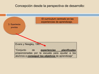 Concepción desde la perspectiva de desarrollo:
El currículum centrado en las
experiencias de aprendizaje.
Evans y Neagley, 1967
“Conjunto de experiencias planificadas
proporcionadas por la escuela para ayudar a los
alumnos a conseguir los objetivos de aprendizaje”
 