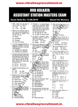 1
RRB KOLKATA
ASSISTANT STATION MASTERS EXAM
Exam Held On: 13-06-2010 Based On Memory
www.rrbrailwayrecruitment.in
www.rrbrailwayrecruitment.in
rrbrailw
ayrecruitm
ent.in
 