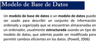 Un modelo de base de datos o un modelo de datos puede
ser usado para describir un conjunto de información
ordenada y organizada que se encuentran almacenadas en
un ordenador, usualmente estructurada usando un tipo de
modelo de datos, que además puede ser modificada para
permitir cambios eficientes en los datos. (Powell, 2006)
 