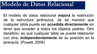 El modelo de datos relacional mejora la restricción
de la estructura jerárquica, de tal manera que
cualquier tabla puede ser accedida directamente sin
tener que acceder a todos los objetos padres. Otro
beneficio, es que cualquier tabla se puede relacionar
con otra, independientemente de su posición en la
jerarquía. (Powell, 2006)
 