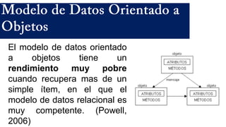 El modelo de datos orientado
a objetos tiene un
rendimiento muy pobre
cuando recupera mas de un
simple ítem, en el que el
modelo de datos relacional es
muy competente. (Powell,
2006)
 