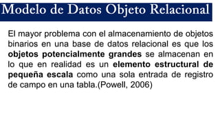El mayor problema con el almacenamiento de objetos
binarios en una base de datos relacional es que los
objetos potencialmente grandes se almacenan en
lo que en realidad es un elemento estructural de
pequeña escala como una sola entrada de registro
de campo en una tabla.(Powell, 2006)
 