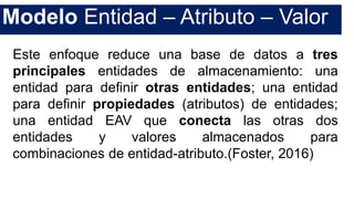Modelo Entidad – Atributo – Valor
Este enfoque reduce una base de datos a tres
principales entidades de almacenamiento: una
entidad para definir otras entidades; una entidad
para definir propiedades (atributos) de entidades;
una entidad EAV que conecta las otras dos
entidades y valores almacenados para
combinaciones de entidad-atributo.(Foster, 2016)
 