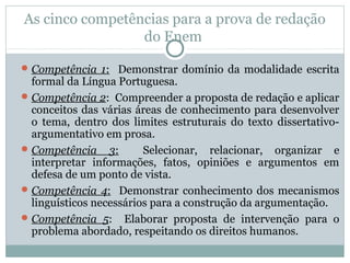 As cinco competências para a prova de redação
do Enem
Competência 1: Demonstrar domínio da modalidade escrita
formal da Língua Portuguesa.
Competência 2: Compreender a proposta de redação e aplicar
conceitos das várias áreas de conhecimento para desenvolver
o tema, dentro dos limites estruturais do texto dissertativo-
argumentativo em prosa.
Competência 3: Selecionar, relacionar, organizar e
interpretar informações, fatos, opiniões e argumentos em
defesa de um ponto de vista.
Competência 4: Demonstrar conhecimento dos mecanismos
linguísticos necessários para a construção da argumentação.
Competência 5: Elaborar proposta de intervenção para o
problema abordado, respeitando os direitos humanos.
 