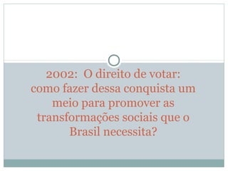2002: O direito de votar:
como fazer dessa conquista um
meio para promover as
transformações sociais que o
Brasil necessita?
 