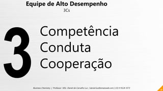 18
Business Chemistry | Professor MSc. Daniel de Carvalho Luz | daniel.luz@emaisweb.com | (15) 9 9126 5571
Equipe de Alto Desempenho
3Cs
Competência
Conduta
Cooperação
 