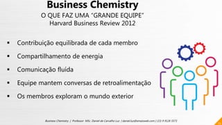 25
Business Chemistry | Professor MSc. Daniel de Carvalho Luz | daniel.luz@emaisweb.com | (15) 9 9126 5571
 Contribuição equilibrada de cada membro
 Compartilhamento de energia
 Comunicação fluída
 Equipe mantem conversas de retroalimentação
 Os membros exploram o mundo exterior
Business Chemistry
O QUE FAZ UMA “GRANDE EQUIPE”
Harvard Business Review 2012
 