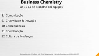 27
Business Chemistry | Professor MSc. Daniel de Carvalho Luz | daniel.luz@emaisweb.com | (15) 9 9126 5571
Business Chemistry
Os 12 Cs do Trabalho em equipes
8. Comunicação
9. Criatividade & Inovação
10. Consequências
11. Coordenação
12. Cultura de Mudanças
 