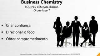 28
Business Chemistry | Professor MSc. Daniel de Carvalho Luz | daniel.luz@emaisweb.com | (15) 9 9126 5571
Business Chemistry
EQUIPES BEM SUCEDIDAS
O que fazer?
 Criar confiança
 Direcionar o foco
 Obter comprometimento
 