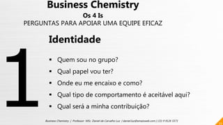 33
Business Chemistry | Professor MSc. Daniel de Carvalho Luz | daniel.luz@emaisweb.com | (15) 9 9126 5571
Business Chemistry
Os 4 Is
PERGUNTAS PARA APOIAR UMA EQUIPE EFICAZ
Identidade
 Quem sou no grupo?
 Qual papel vou ter?
 Onde eu me encaixo e como?
 Qual tipo de comportamento é aceitável aqui?
 Qual será a minha contribuição?
 
