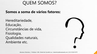 39
Business Chemistry | Professor MSc. Daniel de Carvalho Luz | daniel.luz@emaisweb.com | (15) 9 9126 5571
QUEM SOMOS?
Somos a soma de vários fatores:
Hereditariedade,
Educação,
Circunstâncias de vida,
Fisiologia,
Qualidades naturais,
Ambiente etc.
 