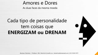Amores e Dores
As duas faces da mesma moeda
Cada tipo de personalidade
tem coisas que
ENERGIZAM ou DRENAM
42
Business Chemistry | Professor MSc. Daniel de Carvalho Luz | daniel.luz@emaisweb.com | (15) 9 9126 5571
 