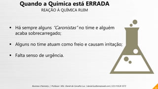47
Business Chemistry | Professor MSc. Daniel de Carvalho Luz | daniel.luz@emaisweb.com | (15) 9 9126 5571
Quando a Química está ERRADA
REAÇÃO Á QUÍMICA RUIM
 Há sempre alguns “Caronistas” no time e alguém
acaba sobrecarregado;
 Alguns no time atuam como freio e causam irritação;
 Falta senso de urgência.
 