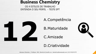 64
Business Chemistry | Professor MSc. Daniel de Carvalho Luz | daniel.luz@emaisweb.com | (15) 9 9126 5571
Business Chemistry
OS 4 ESTILOS DE TRABALHO
ENTENDA O SEU PERFIL - TESTE EPT
A.Competência
B.Maturidade
C.Amizade
D.Criatividade
 
