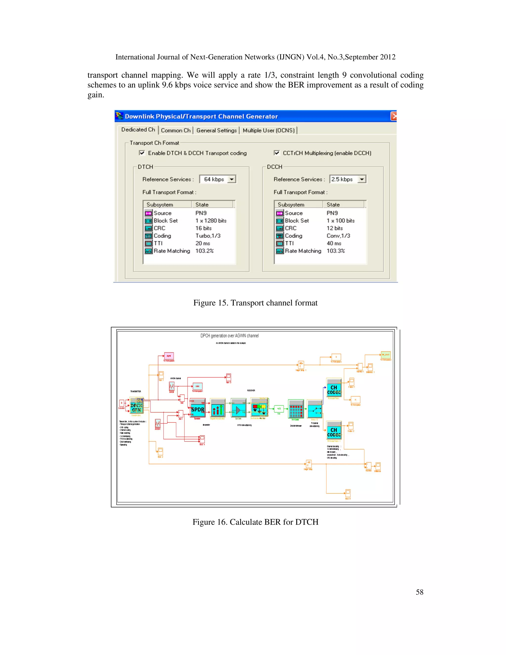 International Journal of Next-Generation Networks (IJNGN) Vol.4, No.3,September 2012
58
transport channel mapping. We will apply a rate 1/3, constraint length 9 convolutional coding
schemes to an uplink 9.6 kbps voice service and show the BER improvement as a result of coding
gain.
Figure 15. Transport channel format
Figure 16. Calculate BER for DTCH
 
