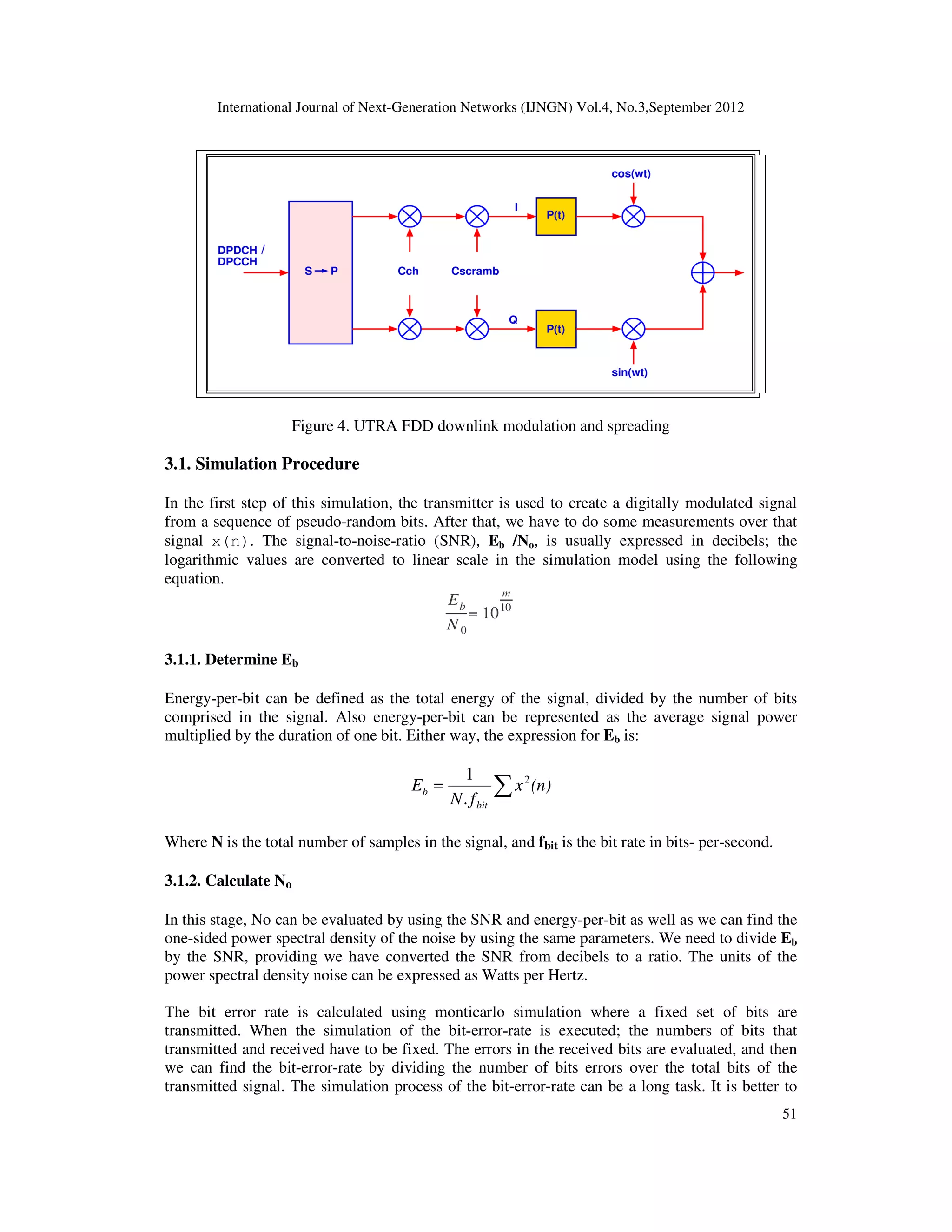 International Journal of Next-Generation Networks (IJNGN) Vol.4, No.3,September 2012
51
Figure 4. UTRA FDD downlink modulation and spreading
3.1. Simulation Procedure
In the first step of this simulation, the transmitter is used to create a digitally modulated signal
from a sequence of pseudo-random bits. After that, we have to do some measurements over that
signal x(n). The signal-to-noise-ratio (SNR), Eb /No, is usually expressed in decibels; the
logarithmic values are converted to linear scale in the simulation model using the following
equation.
Eb
N 0
= 10
m
10
3.1.1. Determine Eb
Energy-per-bit can be defined as the total energy of the signal, divided by the number of bits
comprised in the signal. Also energy-per-bit can be represented as the average signal power
multiplied by the duration of one bit. Either way, the expression for Eb is:
∑ (n)x
fN
=E
bit
b
2
.
1
Where N is the total number of samples in the signal, and fbit is the bit rate in bits- per-second.
3.1.2. Calculate No
In this stage, No can be evaluated by using the SNR and energy-per-bit as well as we can find the
one-sided power spectral density of the noise by using the same parameters. We need to divide Eb
by the SNR, providing we have converted the SNR from decibels to a ratio. The units of the
power spectral density noise can be expressed as Watts per Hertz.
The bit error rate is calculated using monticarlo simulation where a fixed set of bits are
transmitted. When the simulation of the bit-error-rate is executed; the numbers of bits that
transmitted and received have to be fixed. The errors in the received bits are evaluated, and then
we can find the bit-error-rate by dividing the number of bits errors over the total bits of the
transmitted signal. The simulation process of the bit-error-rate can be a long task. It is better to
 