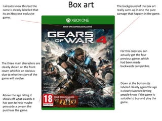 Box art The background of the box art
really sums up in one the pure
carnage that happen in the game.
The three main chara...