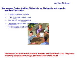 Auditor Attitude
Key success Factor: Auditor Attitude to be Diplomatic and must be
positive/Value-Add:
• I really am here to help
• I am not here to find fault
• We are on the same team
• Together we can find opportunities
• This benefits the business
Remember: The Audit MUST BE OPEN, HONEST AND CONSTRUCTIVE. The person
or activity being audited always gets the Benefit of the Doubt
 