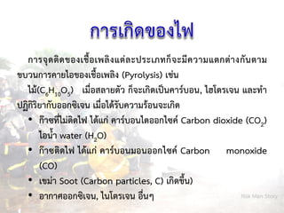 การจุดติดของเชื้อเพลิงแต่ละประเภทก็จะมีความแตกต่างกันตาม
ขบวนการคายไอของเชื้อเพลิง (Pyrolysis) เช่น
ไม้(C6H10O5) เมื่อสลายตัว ก็จะเกิดเป็นคาร์บอน, ไฮโดรเจน และทา
ปฏิกิริยากับออกซิเจน เมื่อได้รับความร้อนจะเกิด
• ก๊าซที่ไม่ติดไฟ ได้แก่ คาร์บอนไดออกไซค์ Carbon dioxide (CO2)
ไอน้า water (H2O)
• ก๊าซติดไฟ ได้แก่ คาร์บอนมอนออกไซค์ Carbon monoxide
(CO)
• เขม่า Soot (Carbon particles, C) เกิดขึ้น)
• อากาศออกซิเจน, ไนโตรเจน อื่นๆ Risk Man Story
 