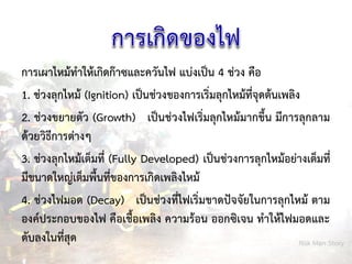 การเผาไหม้ทาให้เกิดก๊าซและควันไฟ แบ่งเป็น 4 ช่วง คือ
1. ช่วงลุกไหม้ (Ignition) เป็นช่วงของการเริ่มลุกไหม้ที่จุดต้นเพลิง
2. ช่วงขยายตัว (Growth) เป็นช่วงไฟเริ่มลุกไหม้มากขึ้น มีการลุกลาม
ด้วยวิธีการต่างๆ
3. ช่วงลุกไหม้เต็มที่ (Fully Developed) เป็นช่วงการลุกไหม้อย่างเต็มที่
มีขนาดใหญ่เต็มพื้นที่ของการเกิดเพลิงไหม้
4. ช่วงไฟมอด (Decay) เป็นช่วงที่ไฟเริ่มขาดปัจจัยในการลุกไหม้ ตาม
องค์ประกอบของไฟ คือเชื้อเพลิง ความร้อน ออกซิเจน ทาให้ไฟมอดและ
ดับลงในที่สุด Risk Man Story
 