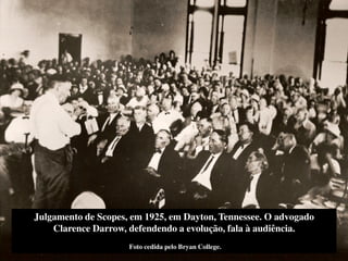 Julgamento de Scopes, em 1925, em Dayton, Tennessee. O advogado
Clarence Darrow, defendendo a evolução, fala à audiência.
Foto cedida pelo Bryan College.
 