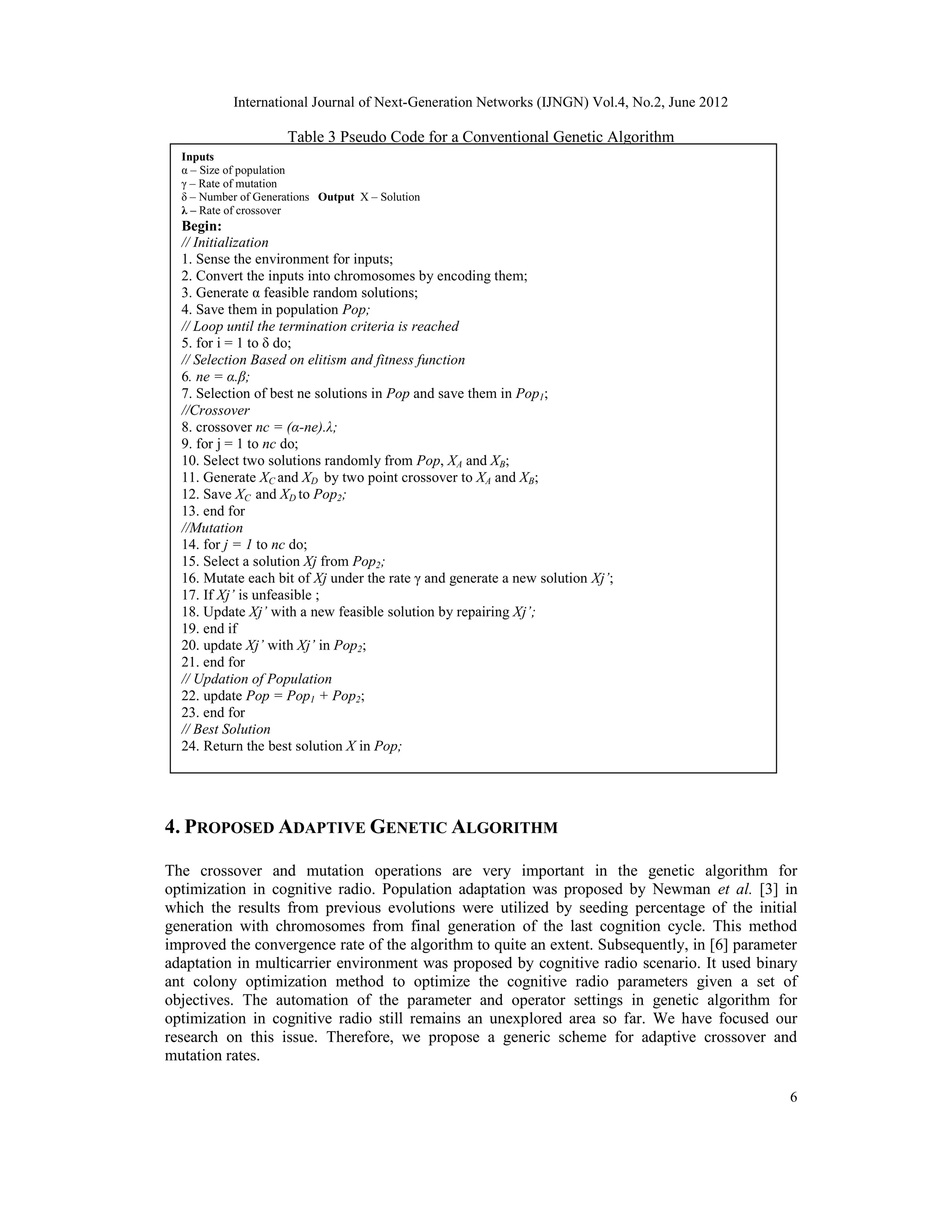 International Journal of Next-Generation Networks (IJNGN) Vol.4, No.2, June 2012 6 Table 3 Pseudo Code for a Conventional Genetic Algorithm 4. PROPOSED ADAPTIVE GENETIC ALGORITHM The crossover and mutation operations are very important in the genetic algorithm for optimization in cognitive radio. Population adaptation was proposed by Newman et al. [3] in which the results from previous evolutions were utilized by seeding percentage of the initial generation with chromosomes from final generation of the last cognition cycle. This method improved the convergence rate of the algorithm to quite an extent. Subsequently, in [6] parameter adaptation in multicarrier environment was proposed by cognitive radio scenario. It used binary ant colony optimization method to optimize the cognitive radio parameters given a set of objectives. The automation of the parameter and operator settings in genetic algorithm for optimization in cognitive radio still remains an unexplored area so far. We have focused our research on this issue. Therefore, we propose a generic scheme for adaptive crossover and mutation rates. Inputs α – Size of population γ – Rate of mutation δ – Number of Generations Output X – Solution λ – Rate of crossover Begin: // Initialization 1. Sense the environment for inputs; 2. Convert the inputs into chromosomes by encoding them; 3. Generate α feasible random solutions; 4. Save them in population Pop; // Loop until the termination criteria is reached 5. for i = 1 to δ do; // Selection Based on elitism and fitness function 6. ne = α.β; 7. Selection of best ne solutions in Pop and save them in Pop1; //Crossover 8. crossover nc = (α-ne).λ; 9. for j = 1 to nc do; 10. Select two solutions randomly from Pop, XA and XB; 11. Generate XC and XD by two point crossover to XA and XB; 12. Save XC and XD to Pop2; 13. end for //Mutation 14. for j = 1 to nc do; 15. Select a solution Xj from Pop2; 16. Mutate each bit of Xj under the rate γ and generate a new solution Xj’; 17. If Xj’ is unfeasible ; 18. Update Xj’ with a new feasible solution by repairing Xj’; 19. end if 20. update Xj’ with Xj’ in Pop2; 21. end for // Updation of Population 22. update Pop = Pop1 + Pop2; 23. end for // Best Solution 24. Return the best solution X in Pop; 