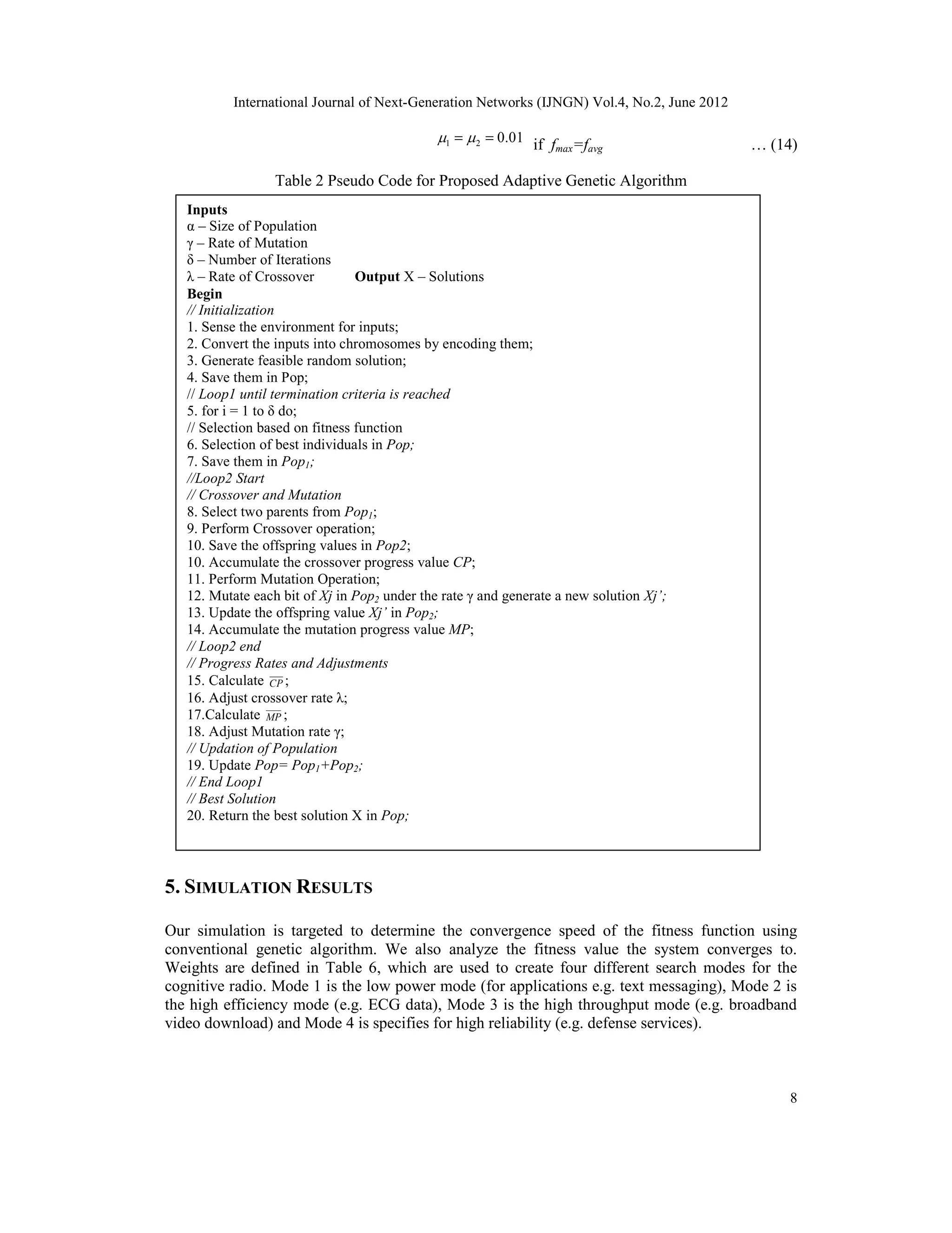 International Journal of Next-Generation Networks (IJNGN) Vol.4, No.2, June 2012 8 1 2 0.01 = = if fmax=favg … (14) Table 2 Pseudo Code for Proposed Adaptive Genetic Algorithm 5. SIMULATION RESULTS Our simulation is targeted to determine the convergence speed of the fitness function using conventional genetic algorithm. We also analyze the fitness value the system converges to. Weights are defined in Table 6, which are used to create four different search modes for the cognitive radio. Mode 1 is the low power mode (for applications e.g. text messaging), Mode 2 is the high efficiency mode (e.g. ECG data), Mode 3 is the high throughput mode (e.g. broadband video download) and Mode 4 is specifies for high reliability (e.g. defense services). Inputs α – Size of Population γ – Rate of Mutation δ – Number of Iterations λ – Rate of Crossover Output X – Solutions Begin // Initialization 1. Sense the environment for inputs; 2. Convert the inputs into chromosomes by encoding them; 3. Generate feasible random solution; 4. Save them in Pop; // Loop1 until termination criteria is reached 5. for i = 1 to δ do; // Selection based on fitness function 6. Selection of best individuals in Pop; 7. Save them in Pop1; //Loop2 Start // Crossover and Mutation 8. Select two parents from Pop1; 9. Perform Crossover operation; 10. Save the offspring values in Pop2; 10. Accumulate the crossover progress value CP; 11. Perform Mutation Operation; 12. Mutate each bit of Xj in Pop2 under the rate γ and generate a new solution Xj’; 13. Update the offspring value Xj’ in Pop2; 14. Accumulate the mutation progress value MP; // Loop2 end // Progress Rates and Adjustments 15. Calculate CP ; 16. Adjust crossover rate λ; 17.Calculate MP ; 18. Adjust Mutation rate γ; // Updation of Population 19. Update Pop= Pop1+Pop2; // End Loop1 // Best Solution 20. Return the best solution X in Pop; 
