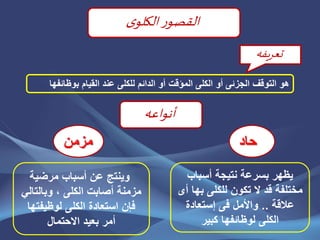 ‫بوظائ‬ ‫القيام‬ ‫عند‬ ‫للكلى‬ ‫الدائم‬ ‫أو‬ ‫المؤقت‬ ‫الكلى‬ ‫أو‬ ‫الجزئى‬ ‫التوقف‬ ‫هو‬‫فها‬
‫أسباب‬ ‫نتيجة‬ ‫بسرعة‬ ‫يظهر‬
‫للكلى‬ ‫تكون‬ ‫ال‬ ‫قد‬ ‫مختلفة‬‫ب‬‫ها‬‫أى‬
‫عالقة‬..‫واألمل‬‫فى‬‫إستعادة‬
‫كبير‬ ‫لوظائفها‬ ‫الكلى‬
‫ر‬‫القصو‬‫ى‬‫الكلو‬
‫أنواعه‬
‫تعريفه‬
‫مرضية‬ ‫أسباب‬ ‫عن‬ ‫وينتج‬
‫وبالتا‬ ، ‫الكلى‬ ‫أصابت‬ ‫مزمنة‬‫لي‬
‫لوظيفت‬ ‫الكلى‬ ‫استعادة‬ ‫فإن‬‫ها‬
‫االحتمال‬ ‫بعيد‬ ‫أمر‬
‫حاد‬‫مزمن‬
 