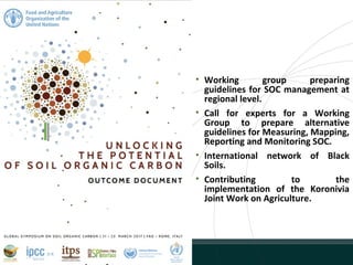 13
• Working group preparing
guidelines for SOC management at
regional level.
• Call for experts for a Working
Group to prepare alternative
guidelines for Measuring, Mapping,
Reporting and Monitoring SOC.
• International network of Black
Soils.
• Contributing to the
implementation of the Koronivia
Joint Work on Agriculture.
 