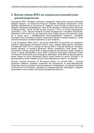 Дослідження «Внутрішньо переміщені особи: соціальна та економічна інтеграція в приймаючих громадах»
23
3. Вплив появи ВПО на соціально-економічний
розвитокрегіонів
Опитування ВПО і місцевого населення, проведене Українським центром соціальних
реформ показало, що абсолютна більшість місцевих мешканців заперечують вплив
переїзду переселенців на зростання цін. Наявність такого впливу на зростання цін на
продукти харчування підтверджують лише 29,3% місцевого населення двох областей,
на оренду житла – 29,3%, на ціни на одяг та взуття – 12,1%, на послуги громадського
транспорту – 3,0%. Опитані експерти в цілому погоджуються з місцевим населенням.
Порівняно з 2014 та 2013 рр. ціни практично на всі товари зросли в усіх регіонах, однак
це, в першу чергу, є відображенням загальнодержавних тенденцій і наслідком
негативних змін в економіці та падіння національної валюти в умовах конфлікту, і лише
частково пов’язано з впливом переселень із зони конфлікту.
У ході опитування УЦСР 2015 р. про вплив появи ВПО на зростання цін переважно
вказують представники Полтавської області, яка є лідером серед дев’яти охоплених
опитуванням УЦСР 2015 р. регіонів за часткою ВПО у структурі населення. Натомість
місцеві мешканці та експерти Вінницької області заперечують такий вплив. Тобто
інтенсивність впливу міграції ВПО на функціонування регіональних ринків товарів та
послуг є прямо пропорційною частці ВПО у загальній чисельності населення (тобто
інтенсивності збільшення числа споживачів). Відповідно, вплив ВПО на функціонування
ринків товарів та послуг Запорізької області можна оцінити як досить суттєвий, а на
функціонування ринків товарів та послуг Івано-Франківської області – як мізерний.
Загалом, оскільки Вінницька та Полтавська області за часткою ВПО у структурі
населення займають проміжне положення між Запорізькою та Івано-Франківською
областями, можна із високим ступенем імовірності стверджувати, що середні показники
по Вінниччині та Полтавщині, принаймні за порядком величин, відповідають середнім
показникам по всіх чотирьох охоплених дослідженням областях.
 