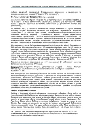 Дослідження «Внутрішньо переміщені особи: соціальна та економічна інтеграція в приймаючих громадах»
25
табори, санаторії, пансіонати). Співвідношення розселення у приватному та
державному секторах складає 90% проти 10%, відповідно13
.
Модульне містечко у Запоріжжі для переселенців
(Аналогічні містечка відкриті у Харкові та Дніпропетровську, але головна проблема
на сьогодні – їх мала заповненість мешканцями, оскільки ціна перебування надто
висока і родинам дешевше винаймати помешкання у приватному секторі без
зручностей).
16 лютого 2015, у Запоріжжі генеральний консул Німеччини в Україні Детлеф
Вольтер відкрив транзитне містечко для вимушених переселенців. Вартість
будівництва – 2,5 мільйона євро. Проект, затверджений федеральним канцлером
Німеччини Ангелою Меркель і президентом України Петром Порошенком,
реалізований організацією DeutscheGesellschaftfürInternationaleZusammenarbeit за
підтримки Державної служби України з надзвичайних ситуацій. Усі модульні будинки
укомплектовані ліжками, шафами, матрацами, постільною білизною, необхідними
меблями, безкоштовним інтернетом, холодильниками та санвузлами.
Містечко «виросло» у Південному мікрорайоні Запоріжжя за два місяці. Сьогодні тут
218 модулів. Містечко складається з 10 ансамблів сімейного типу (по 10 кімнат у
кожному), чотирьох житлових гуртожитків і двох адміністративних будівель. На
перший погляд будинки цілком придатні для проживання. Вони обладнані сучасною
побутовою технікою, меблями та санвузлами. Для кожного переселенця передбачені
окремі комплекти постільної білизни та гігієнічних засобів. У містечку є загальна
пральня. Також слід зазначити, що в деяких будиночках є спеціальні санвузли для
людей з особливими потребами. Ще одна особливість – безкоштовний Wi-Fi.
Транзитне містечко розраховано на 544 переселенці. В модульному містечку
Запоріжжя знайшли домівку 370 людей.
Джерело:Depo.Запоріжжя: Новини. [Електронний ресурс]. – Режим доступу:
http://zp.depo.ua/ukr/zp/vimusheni-pereselentsi-bilshe-ne-hochut-yihati-v-zaporizku-
10032016134700
Все очевиднішою стає потреба розв’язання житлового питання на постійній основі з
виробленням та реалізацією державних та регіональних програм так званого «стійкого
розселення». Найбільш масштабним шляхом розв’язання житлової проблеми є
будівництво нових будинків і навіть цілих містечок, відновлення закинутих військових
містечок, довгобудів. Паралельно мають бути розроблені моделі надання житла в
оренду чи власність вимушено переміщеним особам на пільгових умовах за умови
прозорого бюджетного фінансування та прямого кредитування і допомоги міжнародних
фінансових установ під міжнародним контролем.
Орбіта у Черкаській області
Орбіту у Черкаській області обживають переселенці з Донбасу. Після вибуху на
Чорнобильській АЕС будівництво міста заморозили. Багато жителів звідти виїхали.
Зараз купити квартиру там можна за безцінь. Цього населеного пункту немає на
карті і в покажчиках. Після Чорнобильської аварії місто стало "примарою". Як і
Прип'ять. Тільки місто Орбіта не встигли добудувати і зараз це вулиця в селі
Вітове. Тут немає ані магазинів, ані аптек, ані розваг. Місто-привид Орбіта було
покинуте останні 25 років. Але зараз сюди почали їхати люди. Адже придбати тут
житло можна практично за копійки. Корінного населення – не більше сотні. Місто-
13
А. Осаволюк. Звіт: Забезпечення прав внутрішньо переміщених осіб в Україні. 27.07.2015.
[Електронний ресурс]. – Режим доступу: http://ru.odfoundation.eu/a/6740,zvit-zabezpechennya-
prav-vnutrishno-peremishchenih-osib-v-ukrayini
 