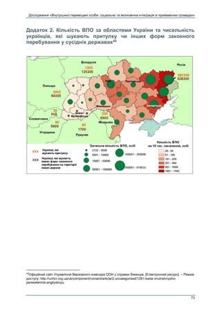 Дослідження «Внутрішньо переміщені особи: соціальна та економічна інтеграція в приймаючих громадах»
73
Додаток 2. Кількість ВПО за областями України та чисельність
українців, які шукають притулку чи інших форм законного
перебування у сусідніх державах40
40
Офіційний сайт Управління Верховного комісара ООН у справах біженців. [Електронний ресурс]. – Режим
доступу: http://unhcr.org.ua/uk/component/content/article/2-uncategorised/1261-karta-vnutrishnyoho-
pereselennia-angliyskoyu
 