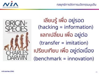 274-6 เมษายน 2561
เลียนรู้ เพื่อ อยู่รอด
(hacking = information)
แลกเปลี่ยน เพื่อ อยู่ต่อ
(transfer = imitation)
เปรียบเทียบ เพื่อ อยู่ต่อเนื่อง
(benchmark = innovation)
กลยุทธ์การจัดการนวัตกรรมมุมจีน
 