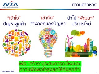 624-6 เมษายน 2561
ความคาดหวัง
“เข้าใจ”
ปัญหาลูกค้า
“เข้าถึง”
ทางออกของปัญหา
นาไป “พัฒนา”
บริการใหม่
เพื่อ “สร้าง”ประสบการณ์ใหม่และ
ความพึงพอใจสูงสุดให้กับลูกค้า
 