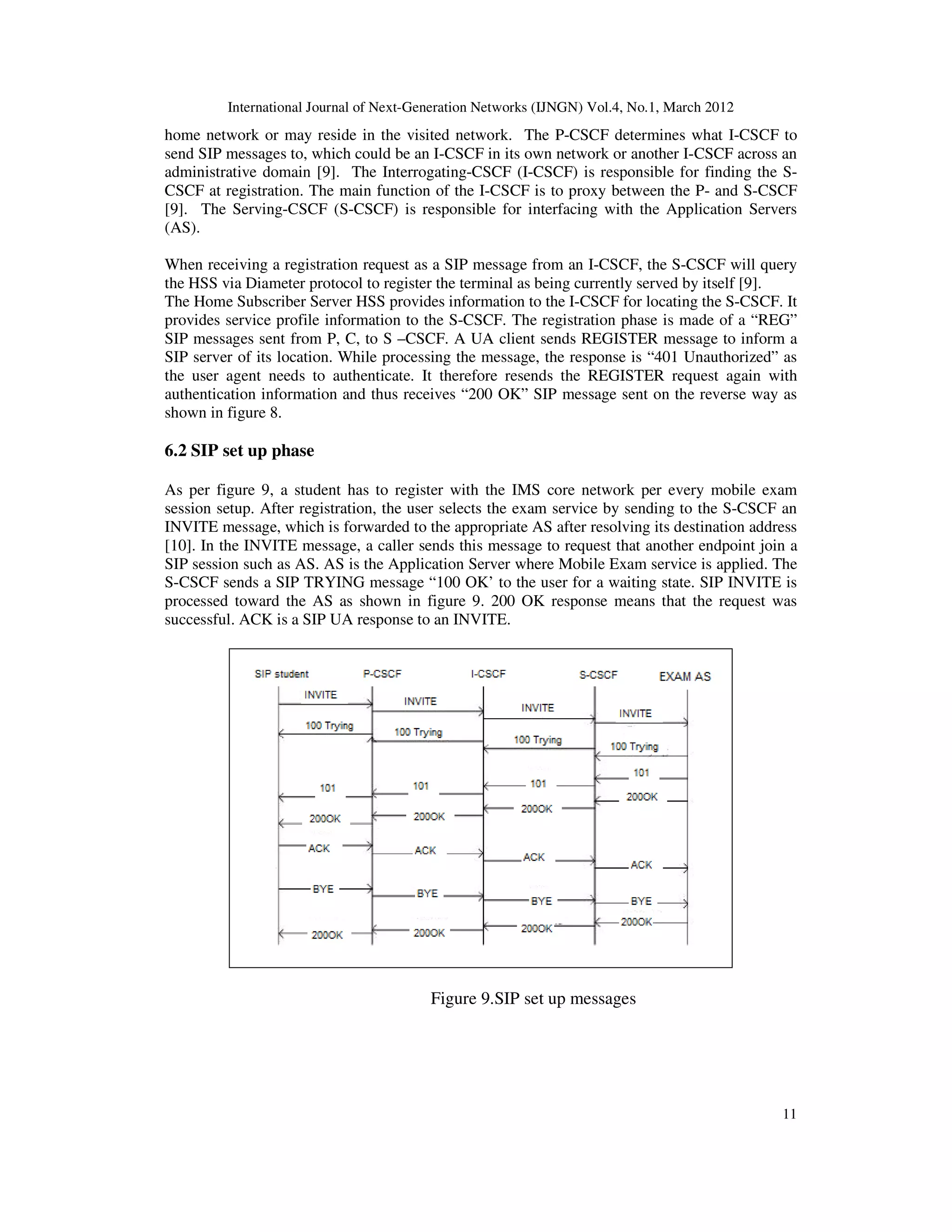 International Journal of Next-Generation Networks (IJNGN) Vol.4, No.1, March 2012
11
home network or may reside in the visited network. The P-CSCF determines what I-CSCF to
send SIP messages to, which could be an I-CSCF in its own network or another I-CSCF across an
administrative domain [9]. The Interrogating-CSCF (I-CSCF) is responsible for finding the S-
CSCF at registration. The main function of the I-CSCF is to proxy between the P- and S-CSCF
[9]. The Serving-CSCF (S-CSCF) is responsible for interfacing with the Application Servers
(AS).
When receiving a registration request as a SIP message from an I-CSCF, the S-CSCF will query
the HSS via Diameter protocol to register the terminal as being currently served by itself [9].
The Home Subscriber Server HSS provides information to the I-CSCF for locating the S-CSCF. It
provides service profile information to the S-CSCF. The registration phase is made of a “REG”
SIP messages sent from P, C, to S –CSCF. A UA client sends REGISTER message to inform a
SIP server of its location. While processing the message, the response is “401 Unauthorized” as
the user agent needs to authenticate. It therefore resends the REGISTER request again with
authentication information and thus receives “200 OK” SIP message sent on the reverse way as
shown in figure 8.
6.2 SIP set up phase
As per figure 9, a student has to register with the IMS core network per every mobile exam
session setup. After registration, the user selects the exam service by sending to the S-CSCF an
INVITE message, which is forwarded to the appropriate AS after resolving its destination address
[10]. In the INVITE message, a caller sends this message to request that another endpoint join a
SIP session such as AS. AS is the Application Server where Mobile Exam service is applied. The
S-CSCF sends a SIP TRYING message “100 OK’ to the user for a waiting state. SIP INVITE is
processed toward the AS as shown in figure 9. 200 OK response means that the request was
successful. ACK is a SIP UA response to an INVITE.
Figure 9.SIP set up messages
 