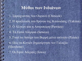 Μύθοι των Ινδιάνων
●1. Σπρώχνοντας τον Ουρανό (Chinook)
●2. Η προέλευση του θρόνου της Κασσιόπης (Yakima)
●3. Ο Αλγκον και η Αστροκόρη (Pawnee)
●4. Τα Εφτά Αδέρφια (Seneca)
●5. Γιατί το Αστέρι του Βορρά μένει ακίνητο (Paiute)
●6. Πώς το Κογιότ δημιούργησε τον Γαλαξία
(Shoshone)
●7. Οι Εφτά Αδερφές (Ιowa)
 