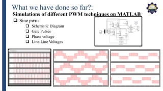 What we have done so far?:
Simulations of different PWM techniques on MATLAB
 Sine pwm
 Schematic Diagram
 Gate Pulses
 Phase voltage
 Line-Line Voltages
 
